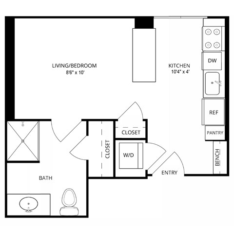 Floor plan for studio, 1 bath, 336 sqft